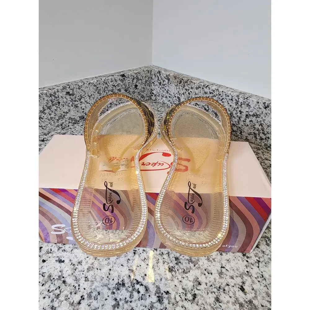 Super Jack Clear Gold Rhinestone Cougar Print Sandals